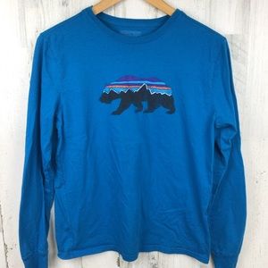 Patagonia kids' long sleeve graphic shirt FITZ ROY BEAR Balkan Blue sz XXL 16/18